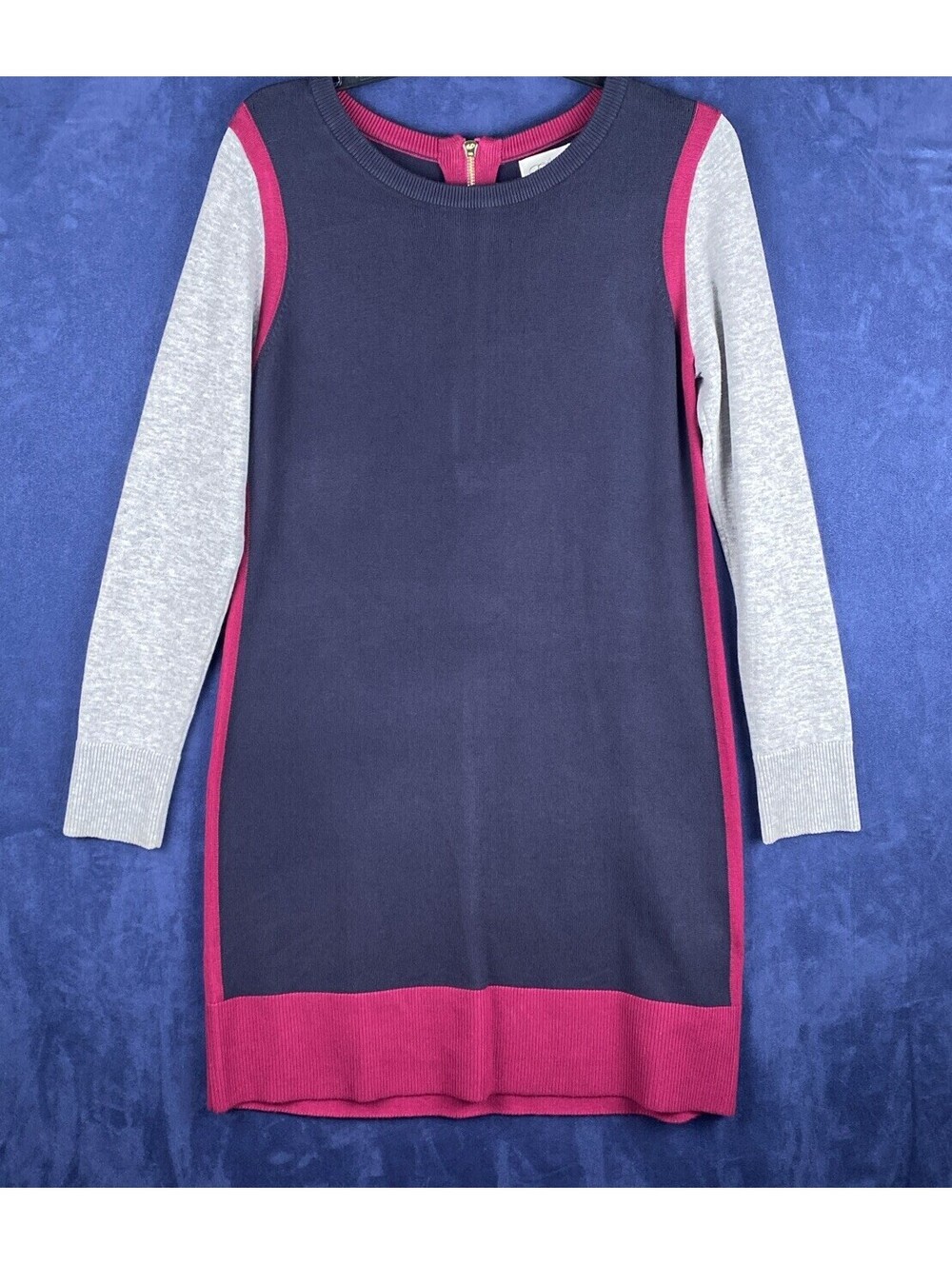 Eliza J Womens Mini Sweater Dress Colorblock Navy Blue Gray Zip Back Sz PM - Picture 9 of 9